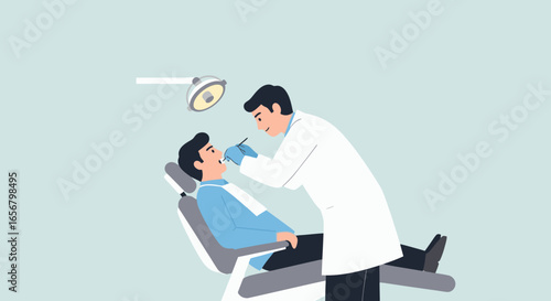 Professional Dentist Performing Oral Examination on Patient in Modern Dental Clinic Setting with Clean Aesthetic and Calming Colors, Emphasizing Health, Care, and Comfort for Visitors and Clients