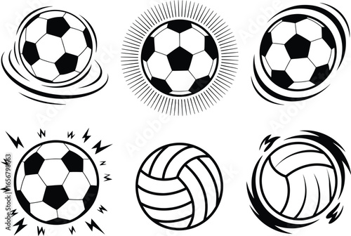 Soccer and Volleyball Ball Designs: A collection of dynamic illustrations featuring iconic soccer balls and volleyballs in various styles, perfect for sports-themed projects.