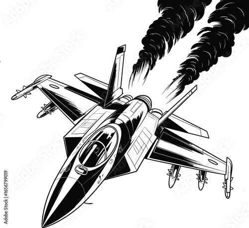 Powerful vector illustration of a military jet flying high with a black smoke trail.