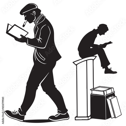 Two men engrossed in reading books in a classic silhouette style one standing and walking the other seated on a pedestal