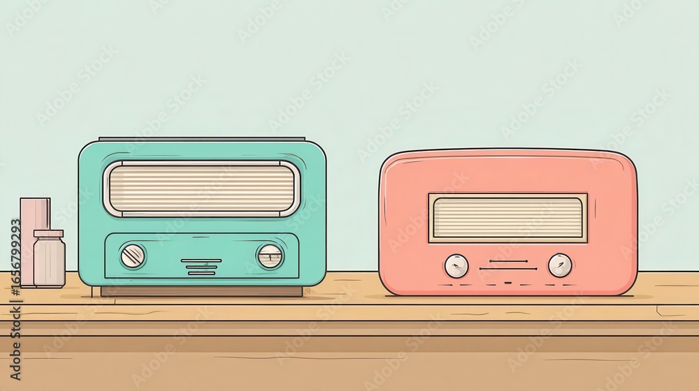 Fototapeta premium Two vintage radios on a wooden surface.