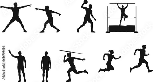 Silhouettes of athletes performing track and field events like javelin, discus, high jump, running, ideal for sports vector design