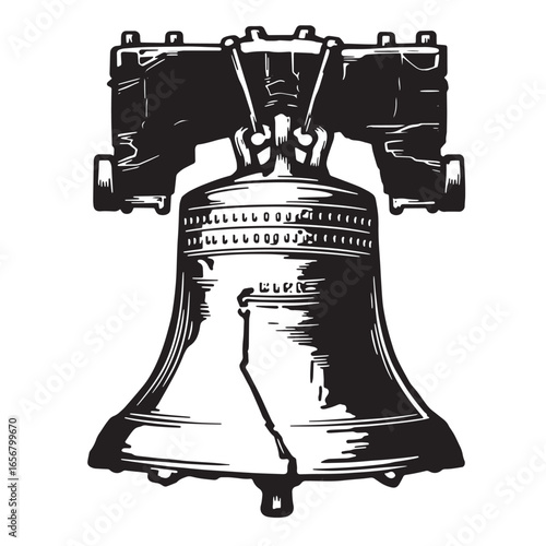 Intricate black and white illustration of the iconic liberty bell symbol of independence