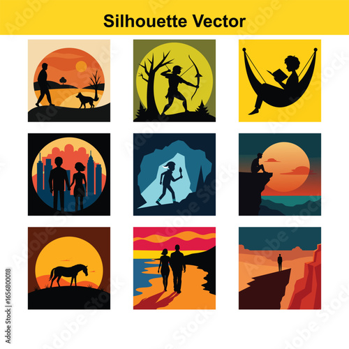 Silhouette Vector Scenes of People and Nature man walking dog