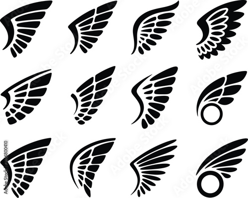 Divine Whispers: An assortment of stylized, black wings, each exuding grace and power, arranged to ignite creativity and wonder, evoking the timeless symbol of flight and freedom.