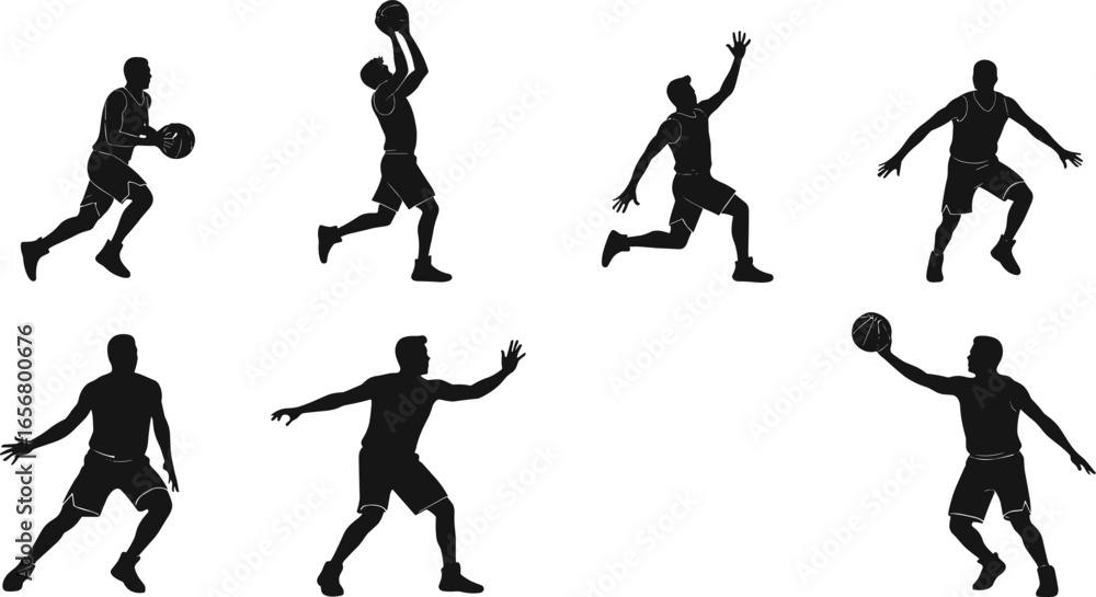 custom made wallpaper toronto digitalSilhouettes of basketball players in action, dribbling, jumping, defending, passing, dunking, isolated vector icons for sports design projects.