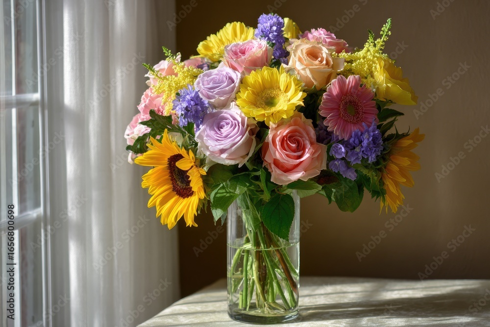 Fototapeta premium Vibrant bouquet of mixed flowers in a clear vase