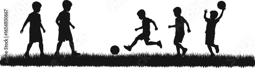 Silhouettes of children playing soccer ball outdoors on grass field, running, kicking, having fun, active kids, joyful sports vector.