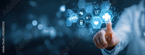 Medical technology concept, futuristic healthcare interface. A hand touches a digital display of medical icons, a healthcare concept