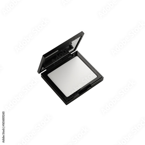 Black cosmetic compact with blank powder compartment.