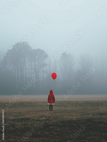 A child seen from behind holding a bright red balloon
