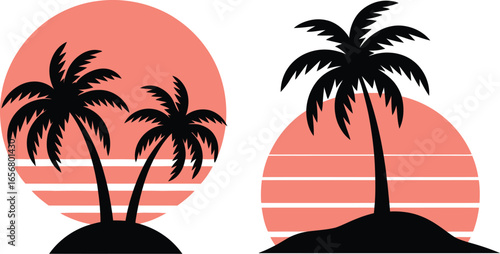 Sunset Island Silhouette: A serene island silhouette features the setting sun, framed by graceful palm tree silhouettes, creating a tranquil and idyllic scene.