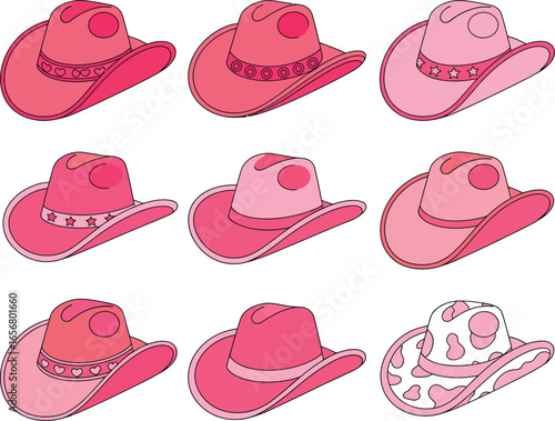 Array of Pink Cowboy Hat Collection: A vibrant array of nine stylish and creatively decorated pink cowboy hats, perfect for themes centered around the Wild West and fashion.