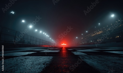 Foggy racetrack at night with a red light