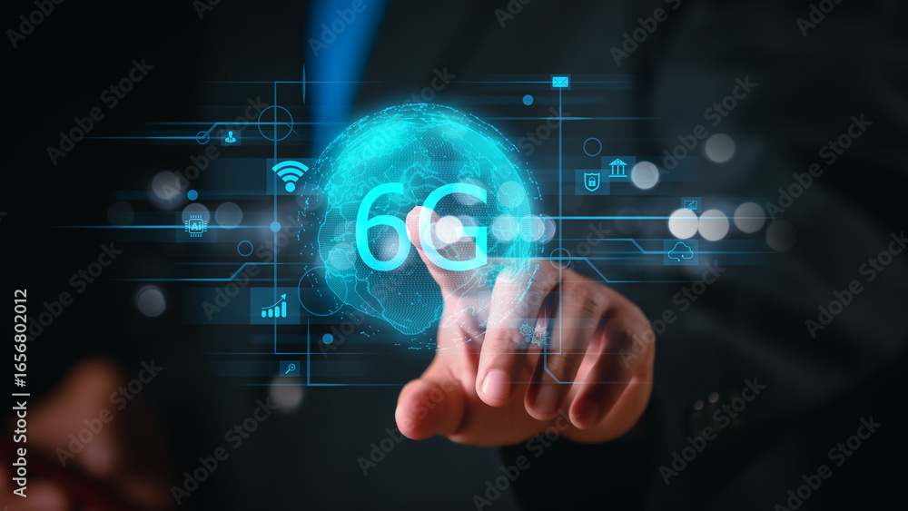 Fototapeta premium A businessman using a high-tech digital interface with 6G elements, illustrating the impact of advanced wireless networks on business, communication, and global technology.
