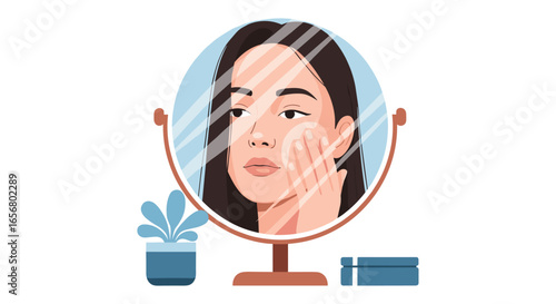 A young woman gently touches her face while looking into a mirror, reflecting a skincare routine and self-care moment.