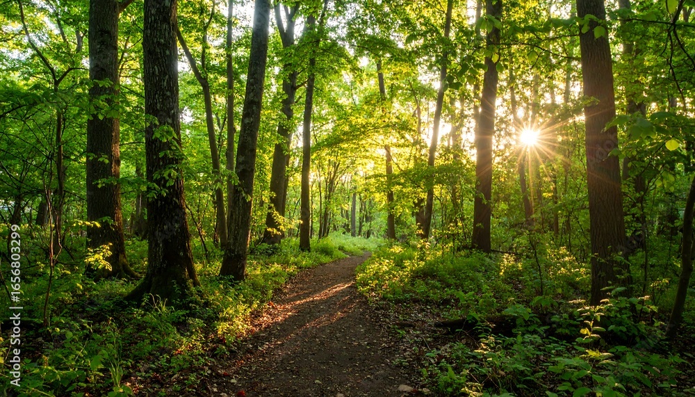 Fototapeta premium Sunlight streams through a lush forest, illuminating a peaceful woodland path.