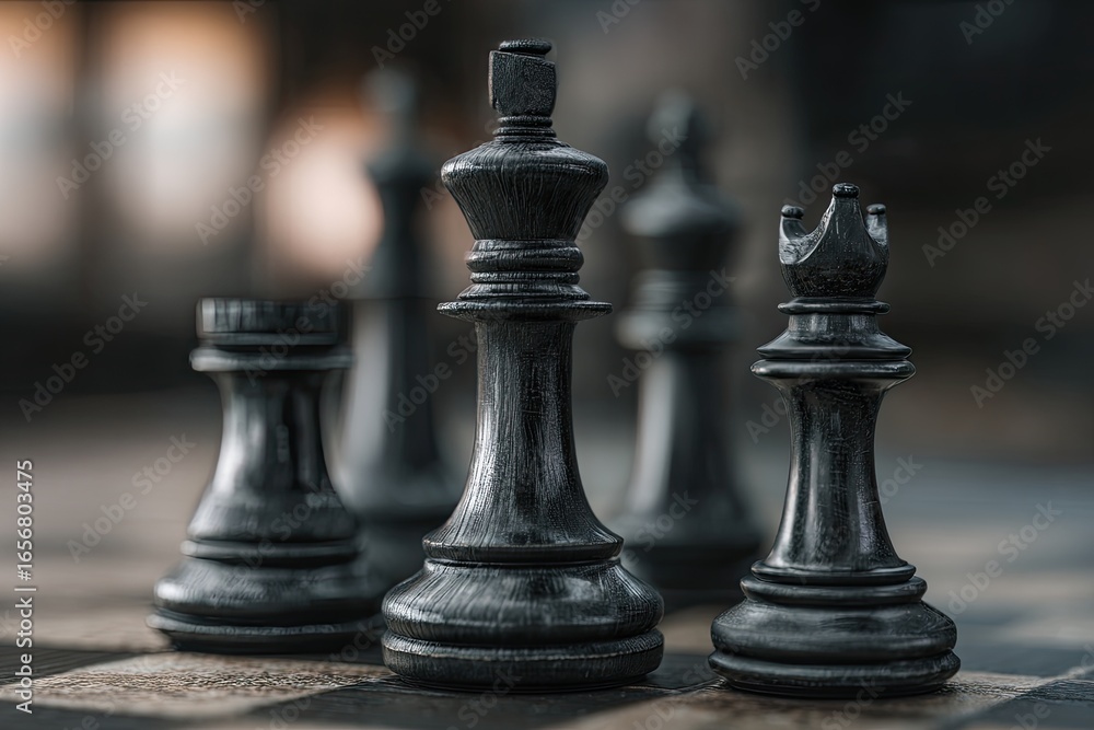 Fototapeta premium Close-up of black chess pieces on a board