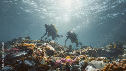 Divers explore a coral reef underwater, documenting marine life and habitat.