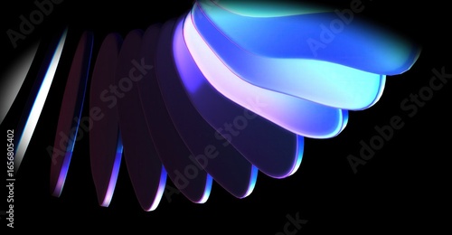 Abstract graphic of layered, glowing shapes in shades of blue, violet, and white against black