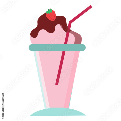 Cocktail glass strawberry drinking straw flat