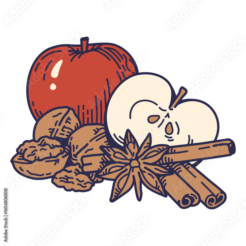 Color stroke apples nuts and cinnamon