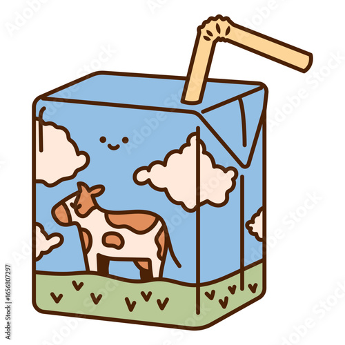 Cute milk carton illustration with cow and clouds