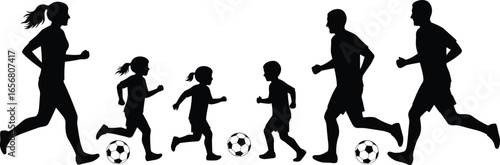 Vector silhouette of family playing football, kids and parents running, soccer activity together, outdoor fun, teamwork, isolated on white background.