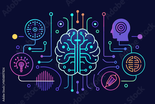 Visualize cutting-edge AI innovation with a stylized brain connected to futuristic technology symbols representing data, ideas, and human intellect in a vibrant digital network.