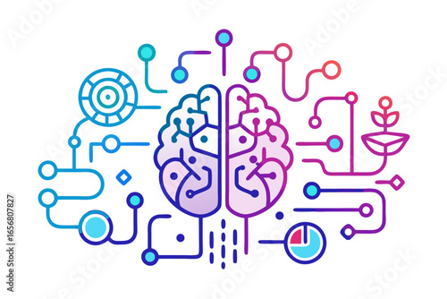 Dynamic abstract brain network symbolizing intelligence, innovation, and interconnected ideas with vibrant gradient lines and digital nodes, perfect for tech presentations.
