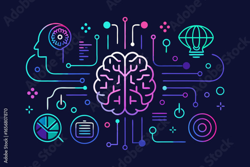 Visualize brilliant ideas and complex processes with this modern AI brain and data flow graphic, perfect for tech innovation and business strategy presentations.