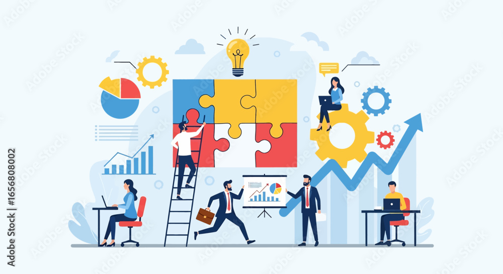 Obraz premium Flat illustration of teamwork solving business puzzle with charts, gears, and growth arrows, symbolizing strategy, collaboration, innovation, problem solving, and corporate success