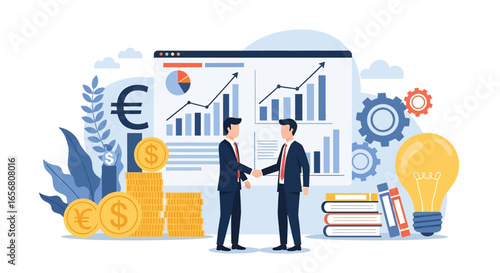 Flat illustration of businessmen shaking hands in front of financial charts, symbolizing business deal, partnership, investment, global trade, economic growth, and successful cooperation