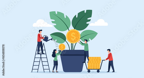 Flat illustration of teamwork nurturing money plant with coins, symbolizing business growth, financial investment, profit, and economic success through teamwork and innovation