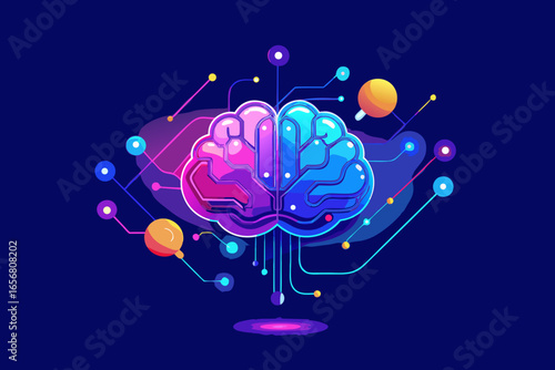 Vibrant AI brain illustration with glowing circuits and data connections, symbolizing artificial intelligence, innovation, and digital transformation in a modern, dynamic way.