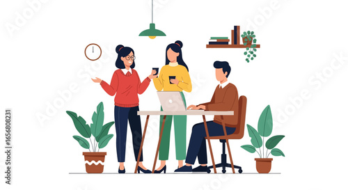 Flat illustration of confident business women working together in office meeting, symbolizing leadership, empowerment, collaboration, innovation, and modern workplace equality for female professionals