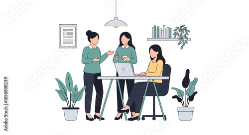 Flat illustration of confident business women working together in office meeting, symbolizing leadership, empowerment, collaboration, innovation, and modern workplace equality for female professionals