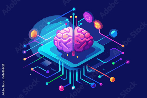 Vibrant digital brain concept with interconnected glowing lines and nodes, symbolizing AI innovation, data flow, and neural network connectivity in a futuristic abstract design.
