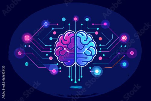 Vibrant digital brain with glowing neural network connections symbolizing artificial intelligence and advanced technology concepts