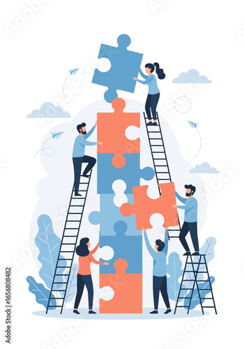Flat illustration of teamwork and collaboration with business people assembling giant puzzle pieces, symbolizing partnership, strategy, problem solving, success, and corporate growth