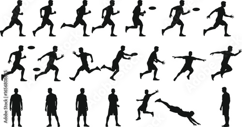 Vector silhouette of male athlete playing frisbee, running, jumping, catching disc, various sport poses, active lifestyle, isolated illustration