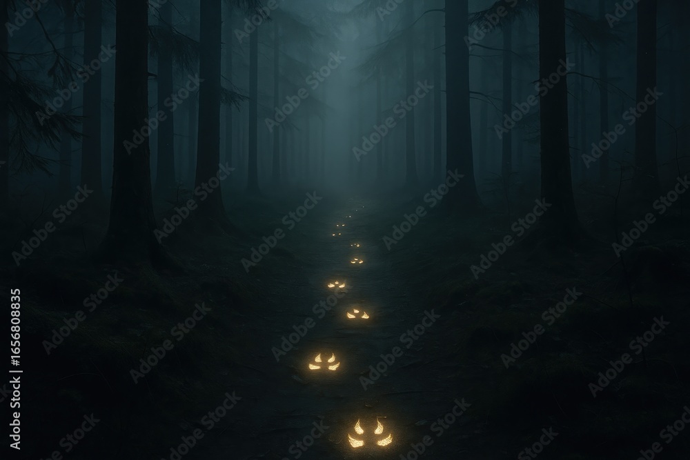 Fototapeta premium Mysterious forest path pumpkins