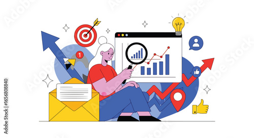 Flat illustration of businesswoman analyzing growth chart with magnifying glass, social media icons, email marketing, target, and innovation concept for modern business strategy