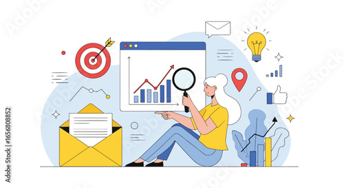Flat illustration of businesswoman analyzing growth chart with magnifying glass, social media icons, email marketing, target, and innovation concept for modern business strategy