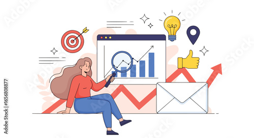 Flat illustration of businesswoman analyzing growth chart with magnifying glass, social media icons, email marketing, target, and innovation concept for modern business strategy