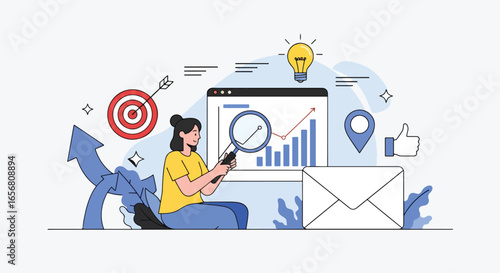 Flat illustration of businesswoman analyzing growth chart with magnifying glass, social media icons, email marketing, target, and innovation concept for modern business strategy