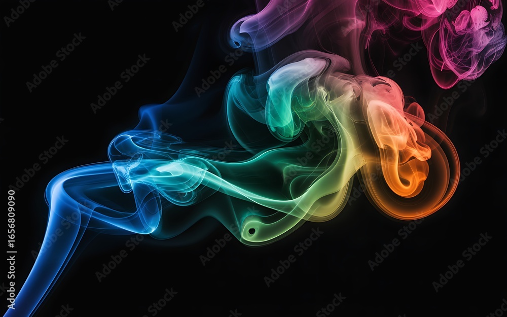Fototapeta premium Rainbow colored smoke wisps on black background gradient