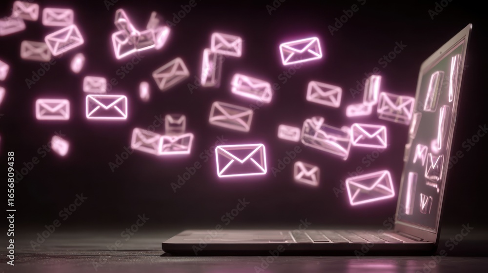 Fototapeta premium A laptop computer displays a vibrant array of glowing email symbols in a dark setting.