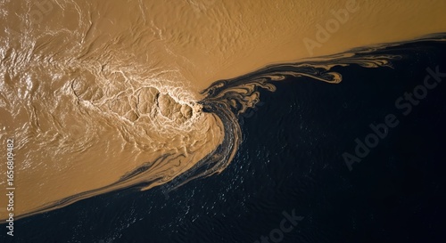 Aerial view of the Meeting of the Waters, Rio Negro and Solimões River, Brazil.