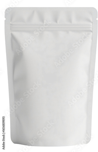 A blank white resealable stand-up pouch with a zip lock, isolated on a plain white background for product mockups.